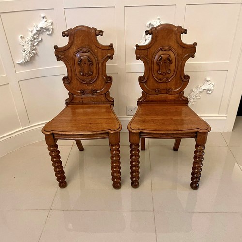 Antique Pair Of Victorian Carved Oak Hall Chairs
