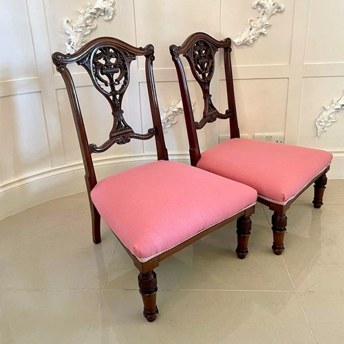 Antique Quality Pair Of Victorian Carved Mahogany Side Chairs