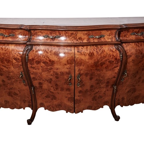 Antique Magnificent Large French Burr Walnut Bombe Shaped Sideboard