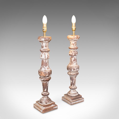 Pair Of Antique Lamp Bases, English, Painted Pine Electric Light, Late Victorian