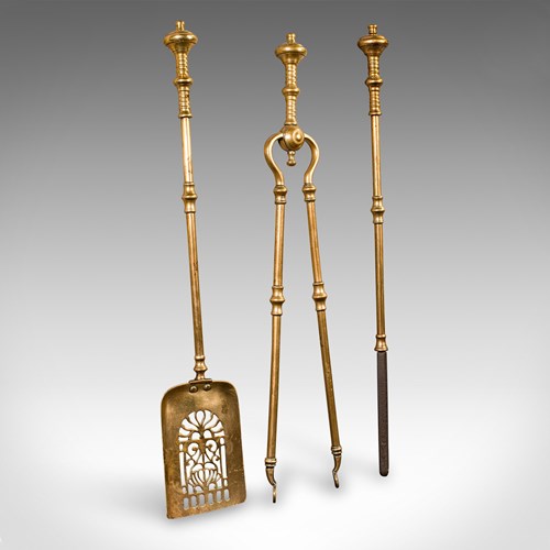 Trio Of Antique Fire Tools, English Brass, Companion Set, Georgian, Circa 1800