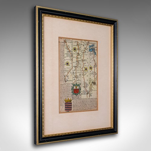 Antique Coaching Road Map Cranborne To Dorchester, Framed Cartography, Victorian