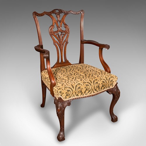 Antique Drawing Room Armchair, English, Elbow Chair, Chippendale Revival, C.1900