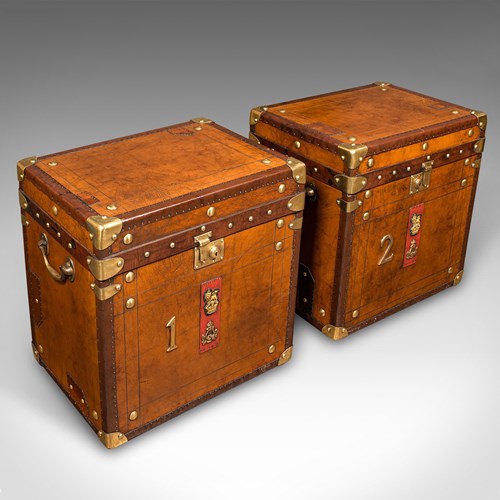 Pair Of Vintage Luggage Trunks, English, Leather, Bedside Nightstand, Campaign