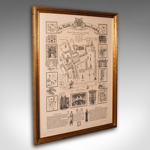 Vintage Barrister's Map Of London, English, Framed, Inner, Middle Temple, C.1970