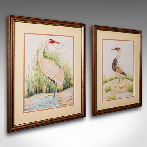 Pair Of Antique Bird Paintings, English, Framed Silk Art, Ornithology, Victorian