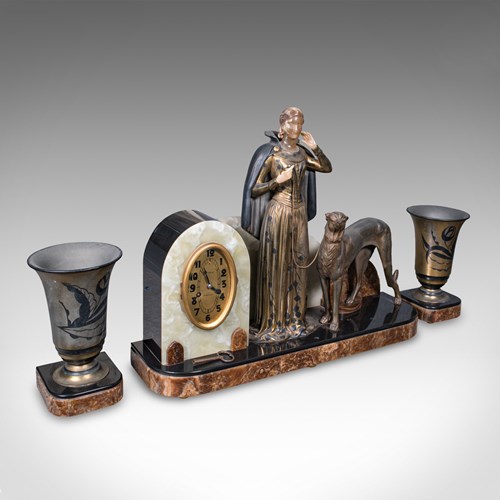 Large Vintage Figural Mantle Clock, French, Onyx, Pair Of Garnitures, Art Deco