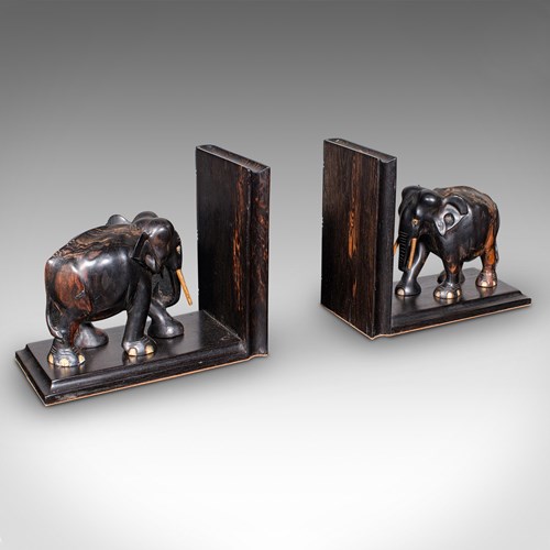 Pair Antique Elephant Bookends, Indian, Coromandel, Novel, Book Rest, Victorian