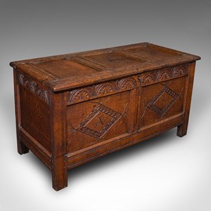 Antique Carved Coffer, English, Oak...