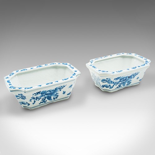 Pair Of Vintage Window Box Planters, Chinese Ceramic, Blue And White, Decorative