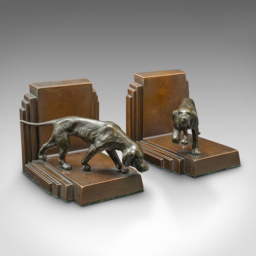 Pair Of Vintage Pointer Bookends, French Bronze, Dog Figure, Book Rest, Art Deco