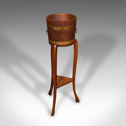 Antique Decorative Jardiniere Stand, English, Coopered Oak, Planter, Circa 1920