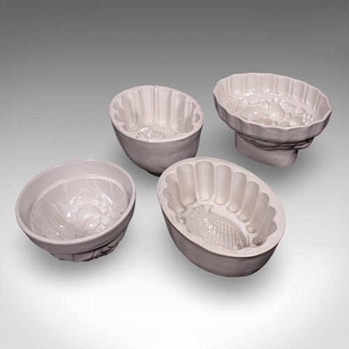 Set Of 4 Antique Jelly Moulds, English, Ceramic, Country Kitchen, Victorian