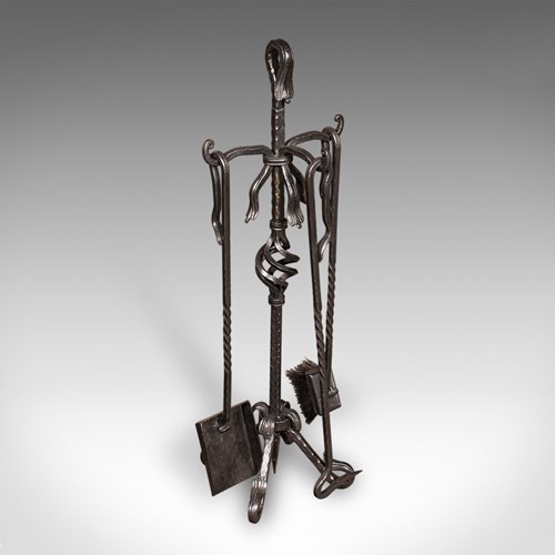 Tall Antique Fireside Companion, English, Wrought Iron, Fire Tool Set, Edwardian