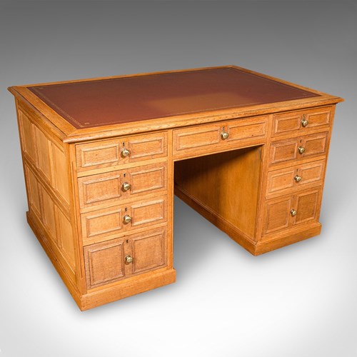 Large Vintage Bespoke Kneehole Desk, English, Oak, Writing Table, Mid Century