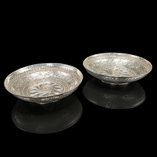 Pair Of Antique Presentation Serving Dishes, Indian Silver Plate Bowl, Victorian