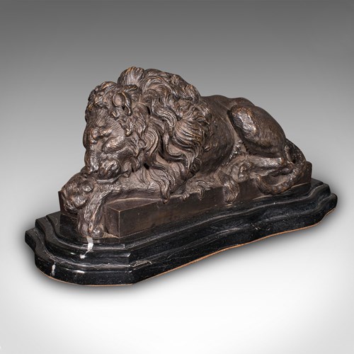 Vintage Recumbent Lion, French, Bronze, Marble, After Canova, Mid 20Th Century
