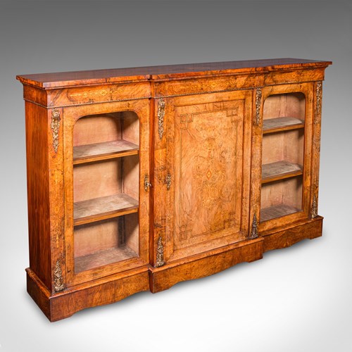 Antique Display Bookcase, English, Walnut, Breakfront Library Cabinet, Regency