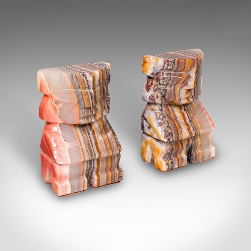 Pair Of Vintage Aztec Figure Bookends, Banded Agate, Book Rest, Art Deco, C.1930