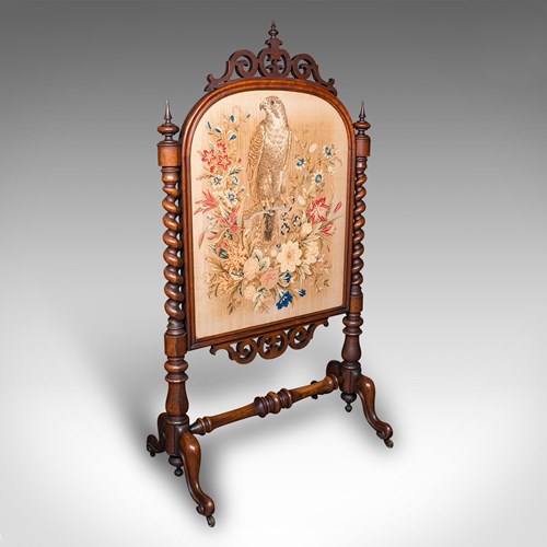 Antique Embroidered Fire Screen, English, Walnut, Needlepoint, Early Victorian