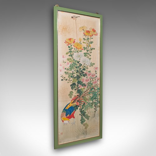4' Tall Vintage Wall Panel, Oriental, Watercolour On Silk, Framed Art, Art Deco
