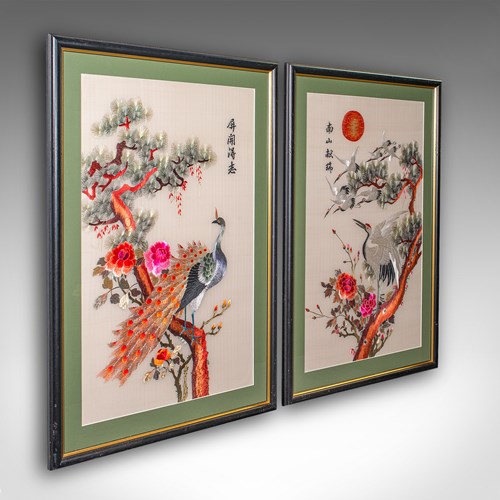 Tall Pair Of Vintage Bird Embroideries, Oriental, Framed, Wildlife Art, C.1980
