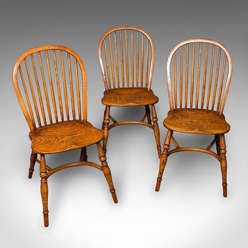 Trio Of Vintage Country Kitchen Chairs, English Ash, Elm, Victorian Revival Seat