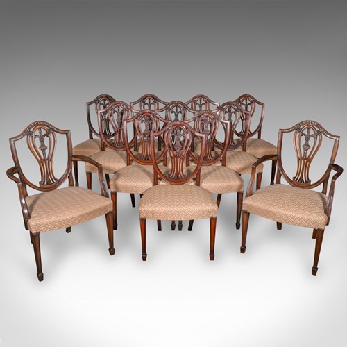Set Of 12 Antique Dining Chairs, English, Carver, Seat, Hepplewhite, Edwardian