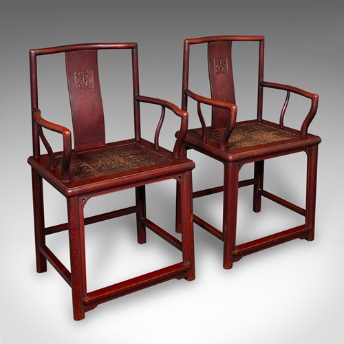 Pair Of Antique Side Chairs, Oriental, Lacquered, Elbow Seats, Cane, Victorian