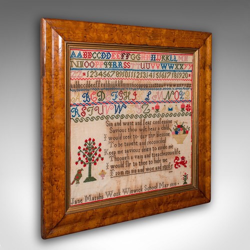 Antique Needlepoint Sampler, English, Handmade, Embroidered Panel, Victorian