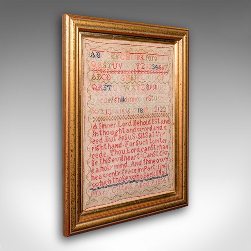 Antique Needlework Sampler, English, Framed, Embroidery Panel, Victorian, C.1854