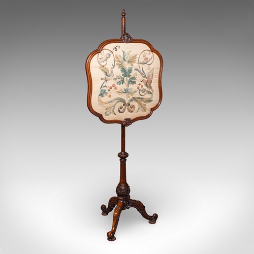Antique Pole Screen, English, Embroidered Fire Panel, Reflector, Early Victorian