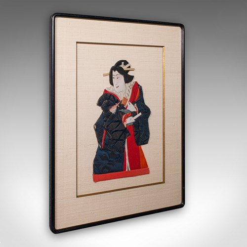 Vintage Geisha Portrait, Japanese Textile Relief Costume Picture, Art Deco, 1940