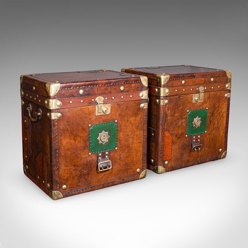 Pair Of Late Vintage Officer's Campaign Trunks, English, Leather, Nightstand