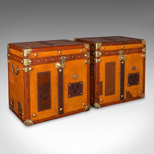 Pair Of Late Vintage Luggage Cases, English Leather, Trunk, Nightstand, Campaign