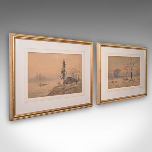 Pair Of Vintage Landscape Paintings, Oriental, Watercolour, Art, Mid Century