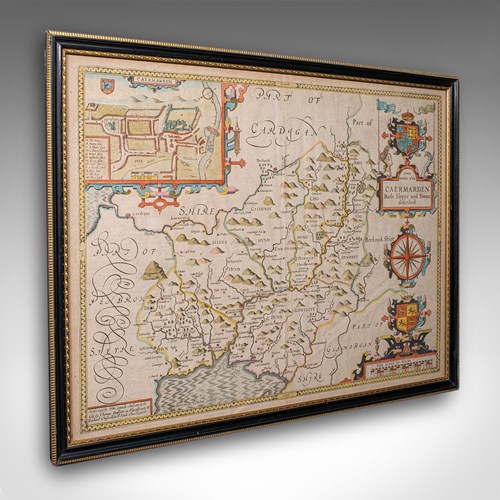 Antique Carmarthenshire County Map, Framed Wales Cartography, John Speed, C.1662