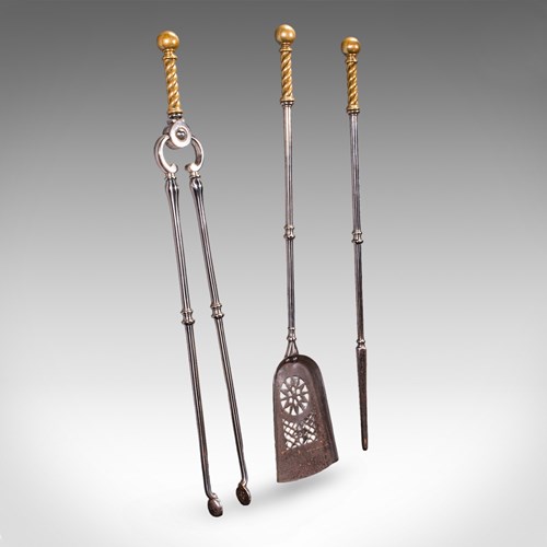 Antique Companion Set, Three Fireside Tools, English, Steel, Brass, Victorian