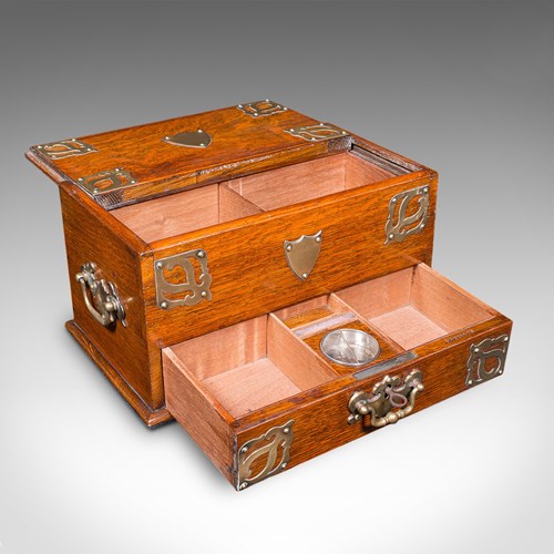 Antique Smoker's Box, English, Oak, Brass, Cigar Case, Club Lounge, Edwardian