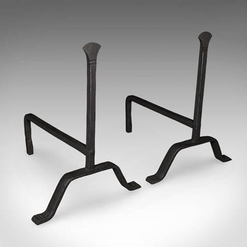 Pair Of Antique Fire Dogs, English, Wrought Iron, Fireplace Andiron, Victorian