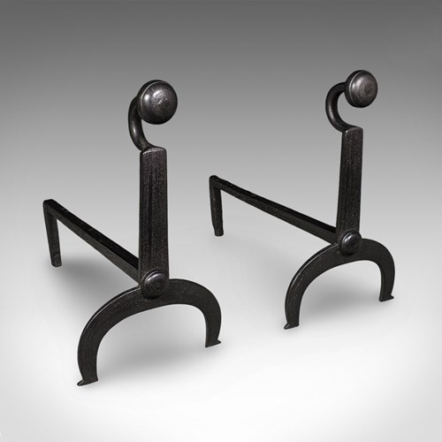 Pair Of Antique Fire Dogs, English, Wrought Iron, Fireside Andiron, Victorian