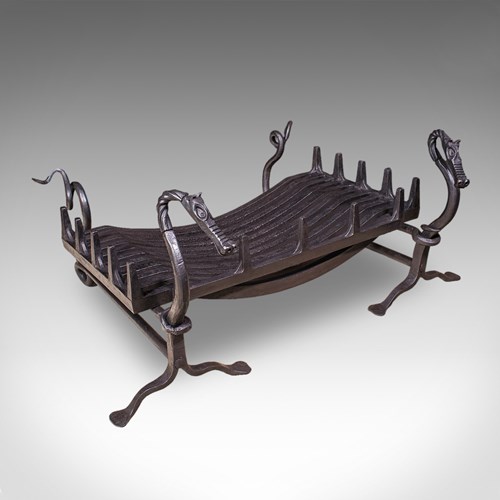 Antique Dragon Motif Fireplace Set, English, Fire Basket, Andirons, Edwardian