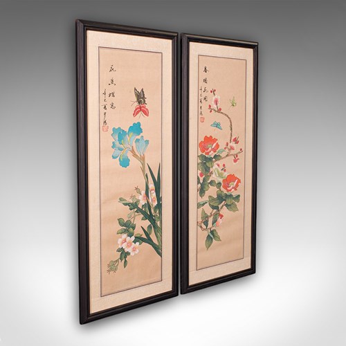Pair Of Antique Guo Hua Panels, Oriental Art, Watercolour, Woven Silk, Edwardian