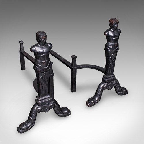 Pair Of Vintage Figural Andirons, English, Fire Dog, Fireplace Rests, Art Deco