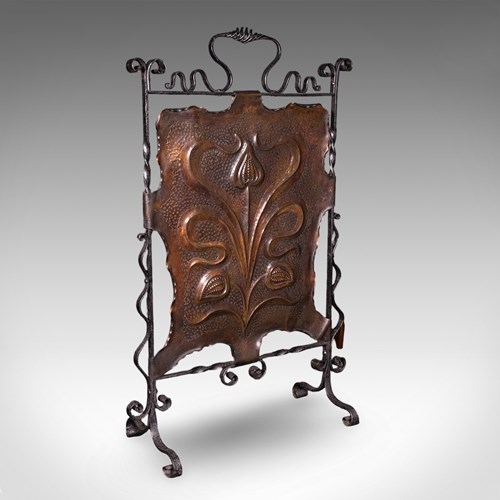 Antique Fire Screen, Art Nouveau, French, Fireplace Reflector, Copper, Victorian