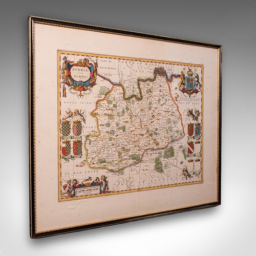 Antique Map Of Surrey, English, Framed County Cartography, After Blaeu, C.1690