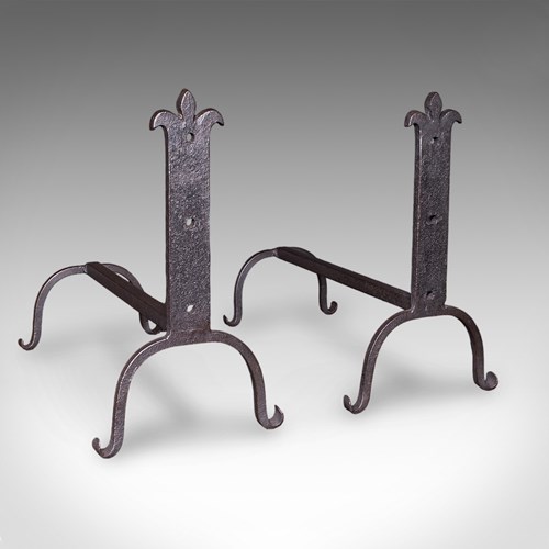Pair Of Antique Fire Dogs, English, Blacksmith Made, Andirons, Gothic, Edwardian