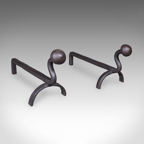 Pair Of Antique Andirons, English, Wrought Iron, Fire Dog, Blacksmith, Victorian