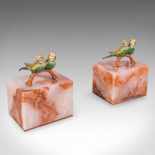 Pair Of Vintage Budgerigar Bookends, Italian, Onyx Marble, Budgies, Novel Rest