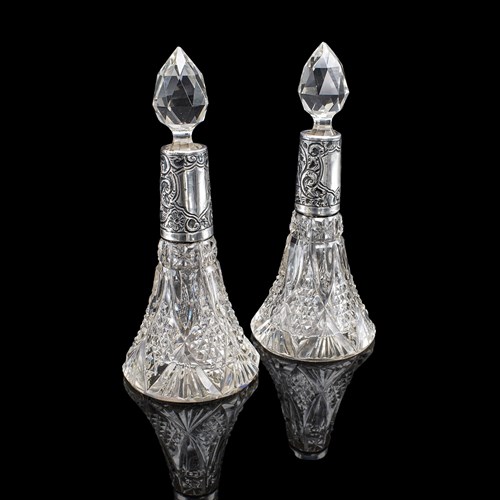 Pair Of Small Antique Scent Bottles, English, Perfume Decanter, Silver Collar